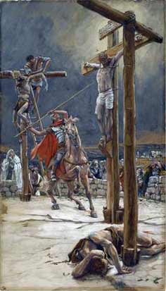 Un soldado abre con su lanza el costado de Jesús